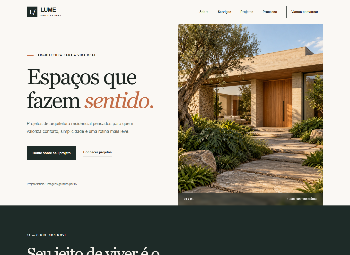 Projeto de site LUME incluído no curso, exibido em tela de navegador